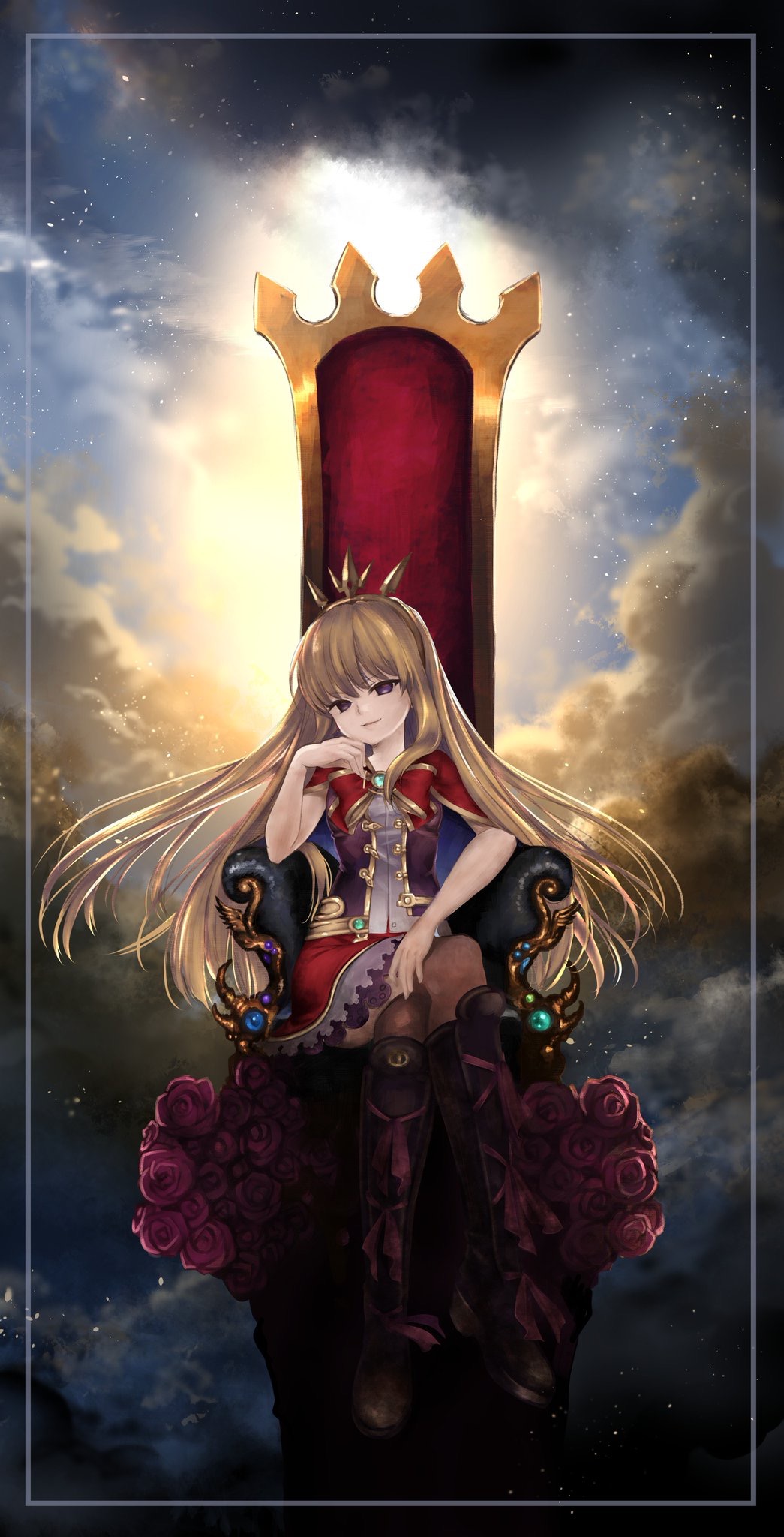 arm_rest bad_id bad_pixiv_id bangs blonde_hair blue_sky boots bow bowtie brooch brown_footwear brown_legwear cagliostro_(granblue_fantasy) capelet closed_mouth cloud cloudy_sky commentary_request crossed_legs dark_clouds day dress eyebrows_visible_through_hair floating_hair flower frame full_body gem granblue_fantasy hand_on_own_cheek hand_up head_tilt highres jewelry knee_boots light_particles long_hair looking_at_viewer no_pupils outdoors pink_flower pink_ribbon pink_rose purple_dress purple_eyes red_capelet red_neckwear ribbon rose sidelocks sitting sky smirk smug solo straight_hair sunlight thighhighs throne tiara tsurime very_long_hair yuitanpo