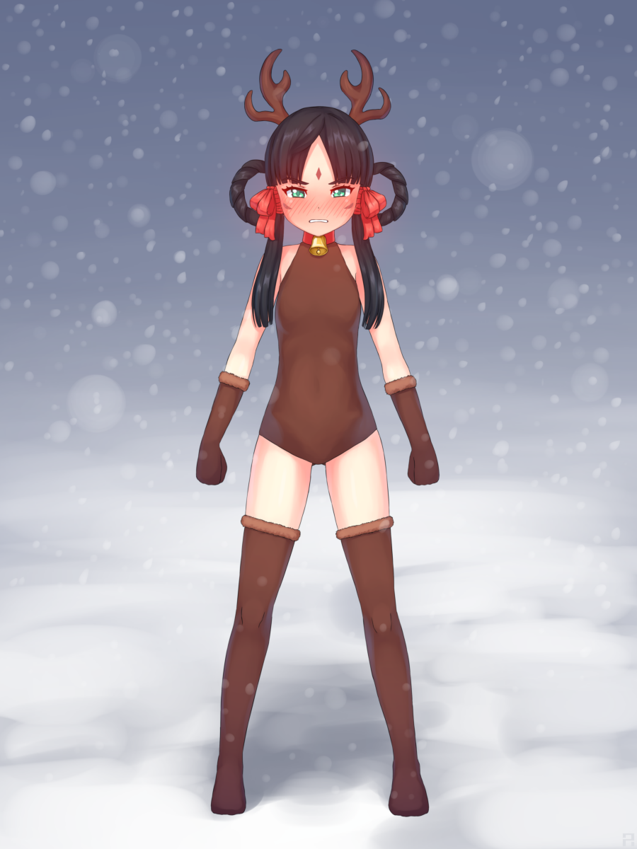 angry antlers aposine bangs bell bell_collar black_hair blush boots brown_gloves brown_legwear brown_leotard christmas clenched_hand clenched_teeth collar covered_navel embarrassed facial_mark forehead_mark full_body gloves green_eyes gyakuten_saiban gyakuten_saiban_6 hair_rings highres leotard long_hair looking_at_viewer nose_blush parted_bangs rayfa_padma_khura'in sidelocks snow snowing solo standing tattoo tears teeth thigh_boots thighhighs