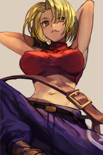 ankle_boots armpits bare_shoulders belt blonde_hair blue_mary boots breasts bright_pupils brown_eyes brown_footwear crop_top grey_background hankuri large_breasts looking_at_viewer midriff navel pants parted_lips purple_pants red_shirt shirt short_hair simple_background solo the_king_of_fighters