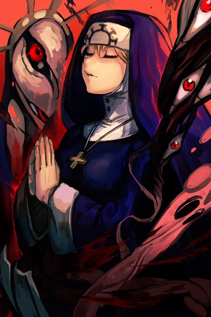 blonde_hair blue_dress closed_eyes cross cross_necklace double_(skullgirls) dress extra_eyes habit hands_clasped hankuri jewelry long_sleeves looking_at_viewer necklace nun own_hands_together parted_lips praying red_eyes skullgirls solo veil