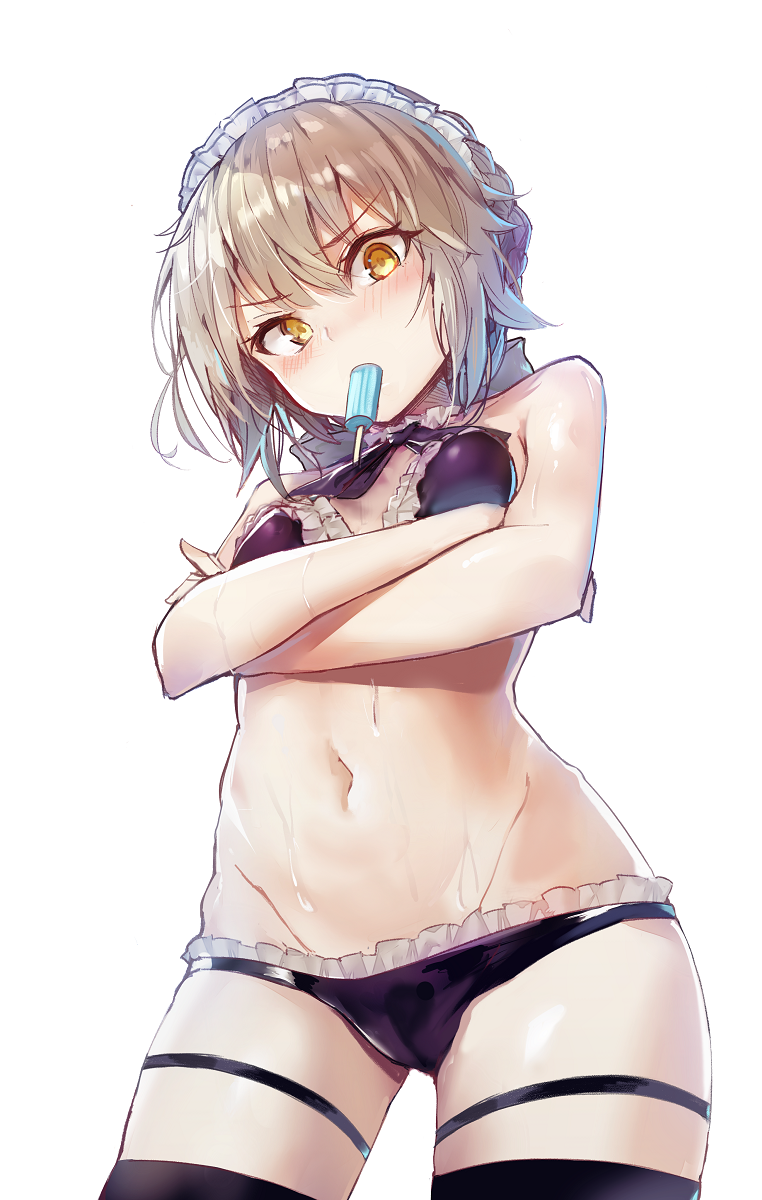 akieda artoria_pendragon_(all) artoria_pendragon_(swimsuit_rider_alter) bikini black_bikini black_legwear blonde_hair blush braid breasts cameltoe commentary_request cowboy_shot crossed_arms detached_collar eyebrows_visible_through_hair fate/grand_order fate_(series) food food_in_mouth french_braid from_below highres legs_apart light_brown_hair looking_at_viewer looking_down maid_bikini maid_headdress mouth_hold navel open_mouth popsicle ribbon ribbon_trim short_hair simple_background small_breasts solo standing sweat swimsuit thighhighs v-shaped_eyebrows white_background yellow_eyes