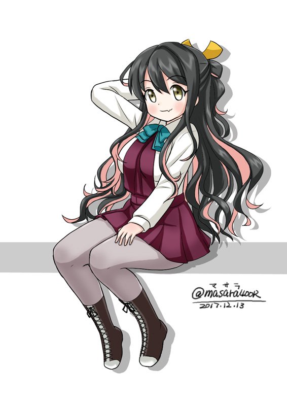 artist_name black_hair boots bow bowtie cross-laced_footwear dated fang full_body grey_legwear hair_ribbon halterneck invisible_chair kantai_collection lace-up_boots long_hair masara_(masalucky2010) multicolored_hair naganami_(kantai_collection) pantyhose pink_hair ribbon school_uniform shirt sitting solo twitter_username two-tone_hair wavy_hair white_background white_shirt yellow_eyes