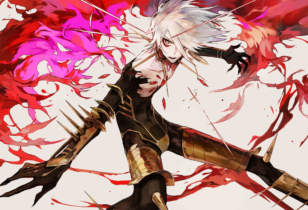 armor bodysuit collar earrings fate/apocrypha fate_(series) fighting_stance fire flame greaves hair_over_one_eye jewelry karna_(fate) looking_at_viewer male_focus mo_(mocopo) one_eye_covered parted_lips silver_hair solo spiked_collar spikes vambraces yellow_eyes