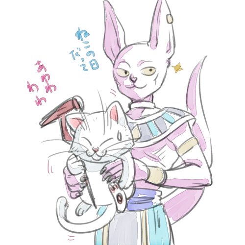 bakusou_k beerus carrying cat closed_eyes dragon_ball dragon_ball_super dragon_ball_z dragon_ball_z_kami_to_kami egyptian_clothes karin_(dragon_ball) looking_away lowres male_focus multiple_boys nervous simple_background smile staff sweatdrop translation_request white_background