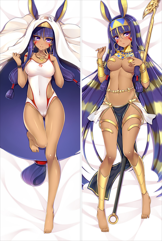 animal_ears ass_visible_through_thighs bakugadou bangs bare_arms bare_legs barefoot bed_sheet blush breasts cameltoe closed_mouth cosplay covered_navel dakimakura dark_skin earrings egyptian_clothes eyebrows_visible_through_hair facial_mark fate/grand_order fate_(series) full_body groin hair_between_eyes hair_tubes hairband hand_on_own_chest hoop_earrings jackal_ears jewelry knees_together_feet_apart long_hair looking_at_viewer low-tied_long_hair lying medium_breasts medjed medjed_(cosplay) multicolored_hair multiple_views navel necklace nitocris_(fate/grand_order) nitocris_(swimsuit_assassin)_(fate) on_back one-piece_swimsuit pelvic_curtain purple_eyes smile staff swimsuit thigh_gap two-tone_hair very_long_hair white_swimsuit