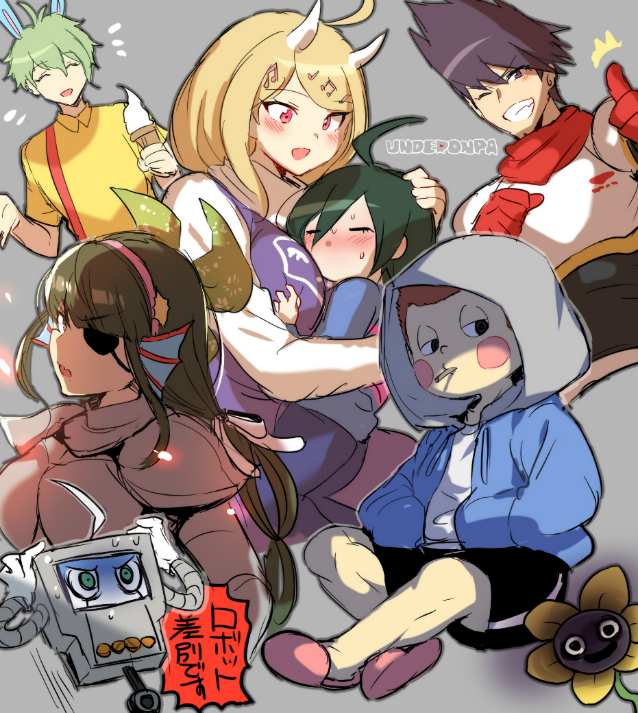 1girl 7boys akamatsu_kaede amami_rantarou animal_ears armor black_hair blonde_hair blush breasts brown_hair chabashira_tenko cosplay danganronpa dress eyepatch eyes_closed eyewear frisk_(cosplay) green_eyes green_hair group hair_ornament hairpin hoodie horns hoshi_ryouma keebo matching_hair/eyes mettaton_(cosplay) momota_kaito multiple_boys musical_note musical_note_hair_ornament new_danganronpa_v3 nice_cream_guy_(cosplay) ouma_kokichi papyrus_(cosplay) purple_eyes purple_hair robot saihara_shuuichi sans_(cosplay) shirt short_hair silver_hair smile suurin_(ksyaro) toriel_(cosplay) undertale undyne_(cosplay)