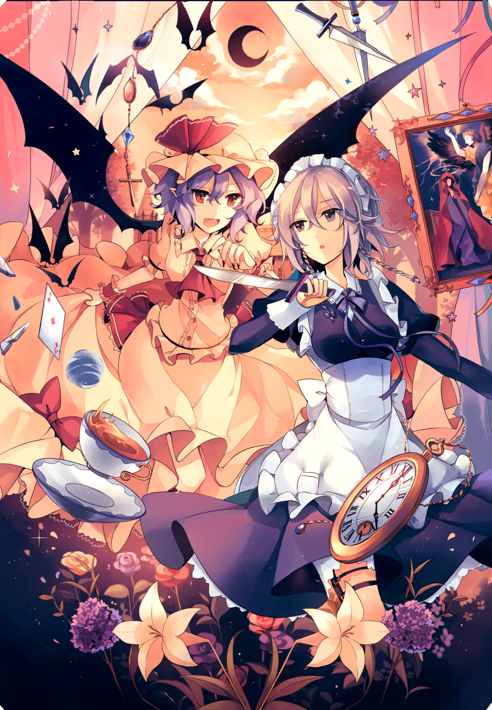 apron ascot bat bat_wings blue_eyes blue_hair blue_neckwear card commentary_request crescent cup curtains flower frilled_apron frills hat hat_ribbon highres holding holding_weapon holster izayoi_sakuya juliet_sleeves kirero knife long_sleeves maid_apron maid_headdress mob_cap multiple_girls neck_ribbon open_mouth painting_(object) parted_lips pocket_watch pointy_ears puffy_short_sleeves puffy_sleeves red_eyes red_neckwear red_ribbon remilia_scarlet ribbon short_sleeves silver_hair sky smile teacup thigh_holster touhou watch weapon wings wrist_cuffs
