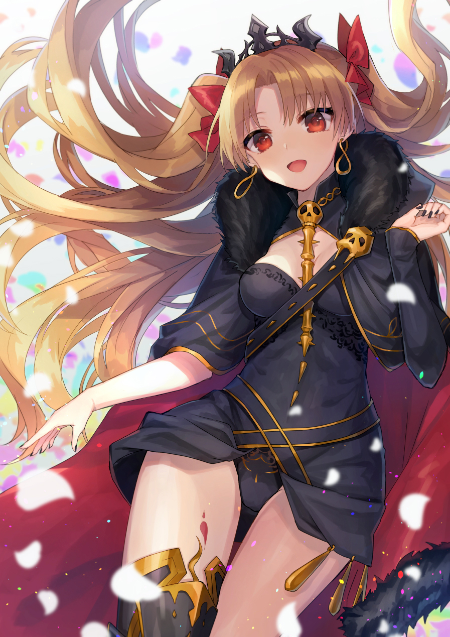 1girl :d bangs between_breasts black_cloak black_dress black_leotard black_nails blonde_hair blurry breasts cloak collarbone commentary_request depth_of_field dress earrings ereshkigal_(fate/grand_order) eyebrows_visible_through_hair fate/grand_order fate_(series) floating_hair fur-trimmed_cloak fur_trim gold_trim greaves hair_ribbon hand_up high_collar highres hoop_earrings jewelry leotard light_particles long_hair looking_at_viewer medium_breasts nail_polish open_mouth parted_bangs petals red_cloak red_eyes red_ribbon ribbon shiny shiny_hair short_dress single_greave single_sleeve skull smile solo spine thigh_gap tiara two_side_up very_long_hair white_background