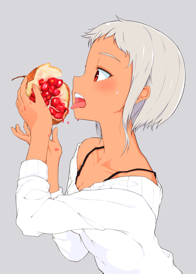 bare_shoulders black_bra blush bra bra_strap breasts cleavage commentary_request copyright_request eating food food_on_face fruit grey_background hands_up hi_iro holding holding_food holding_fruit licking long_sleeves medium_breasts off_shoulder open_mouth pomegranate red_eyes short_hair silver_hair simple_background solo sweatdrop sweater tongue tongue_out underwear upper_body wet white_sweater