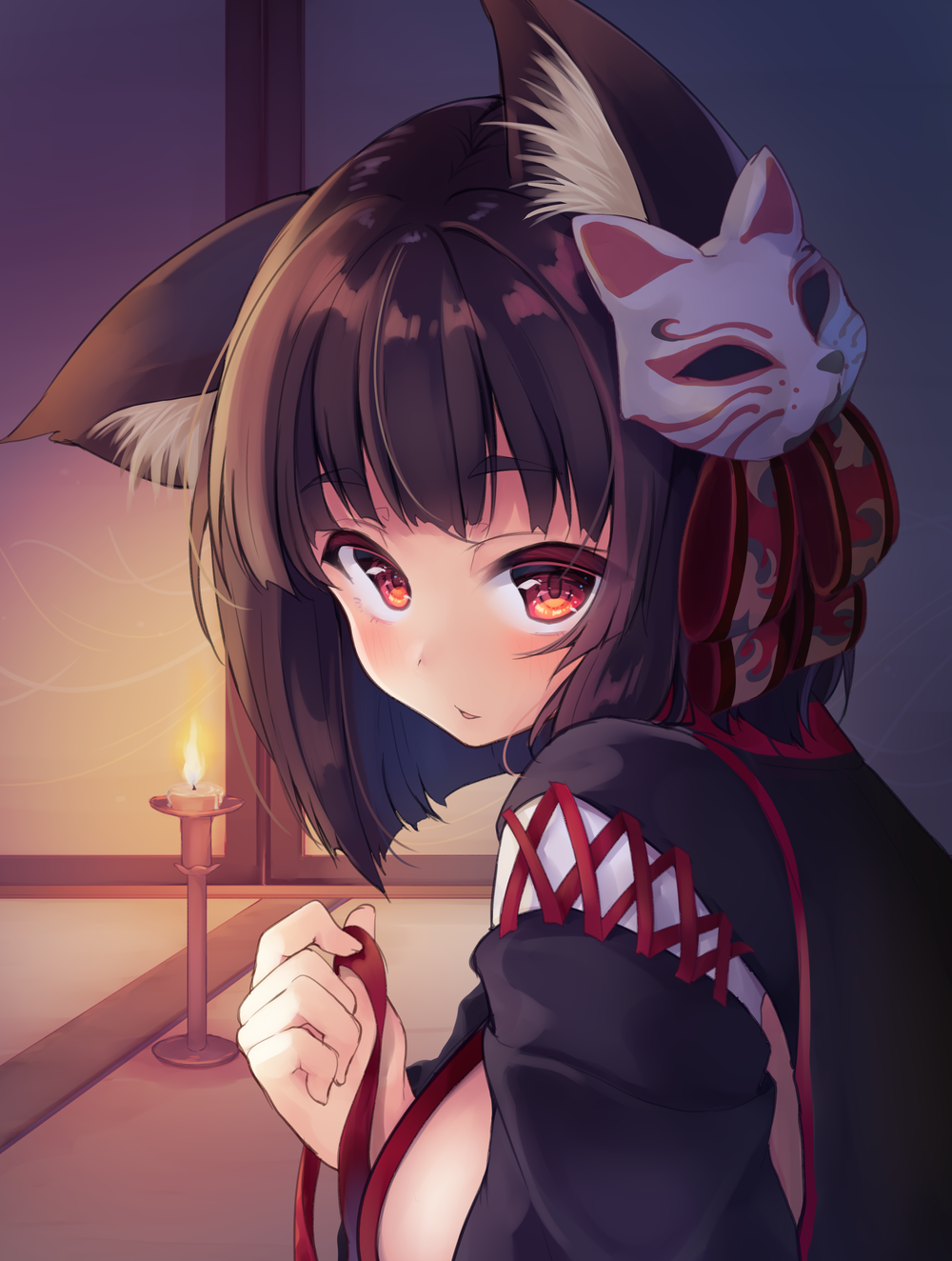 animal_ears azur_lane bangs black_kimono blush brown_hair candle candlelight cat_ears commentary_request eyebrows_visible_through_hair fox_mask highres holding holding_ribbon indoors japanese_clothes kimono looking_at_viewer looking_to_the_side mask mask_on_head momoirone parted_lips red_eyes red_ribbon ribbon short_hair solo thick_eyebrows yamashiro_(azur_lane)