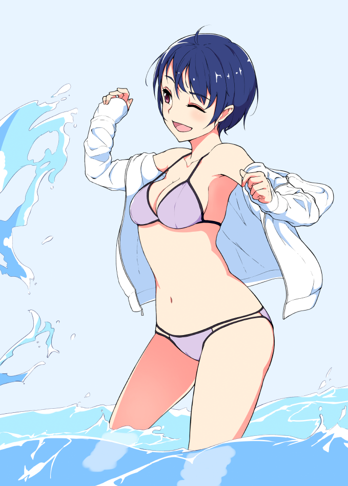 :d bangs bare_shoulders bikini blue_hair blush breasts commentary_request contrapposto eyebrows_visible_through_hair hand_up hi_iro medium_breasts navel off_shoulder one_eye_closed open_mouth original purple_bikini purple_eyes shirt smile solo standing swimsuit wading water white_shirt