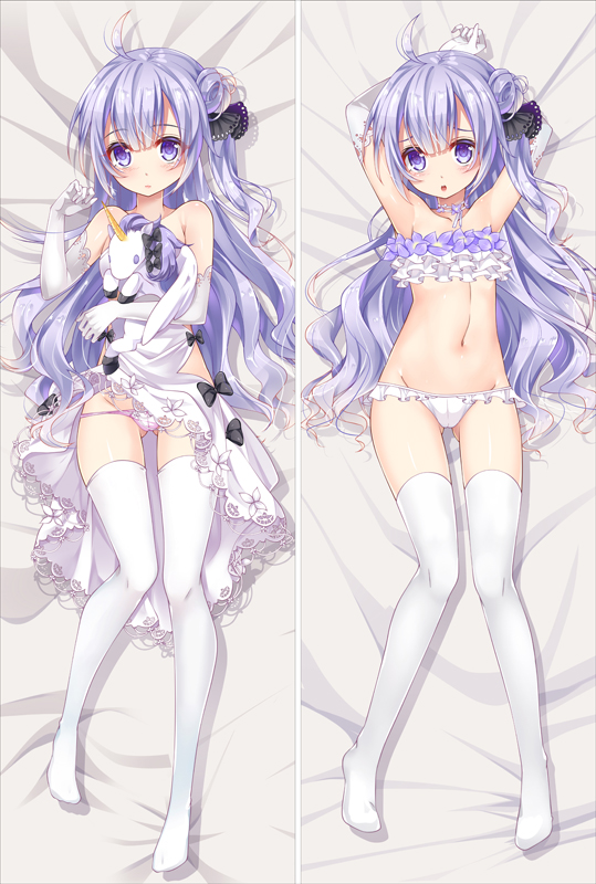 ahoge arms_behind_head arms_up ass_visible_through_thighs azur_lane bakugadou bangs bare_shoulders bed_sheet blue_eyes blue_hair blush bra closed_mouth dakimakura dress elbow_gloves eyebrows_visible_through_hair frilled_bra frills full_body gloves groin holding holding_stuffed_animal long_hair looking_at_viewer lying multiple_views navel no_shoes on_back open_mouth panties pink_panties stomach strapless strapless_dress stuffed_alicorn stuffed_animal stuffed_toy thighhighs underwear unicorn_(azur_lane) white_dress white_gloves white_legwear white_panties