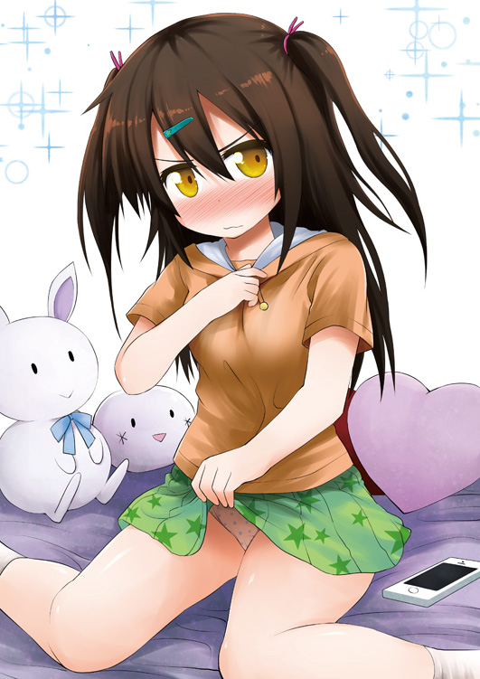 :3 blush breasts brown_eyes brown_hair brown_hoodie cellphone closed_mouth fujisaka_lyric green_skirt heart heart_pillow hood hood_down hoodie lifted_by_self long_hair looking_to_the_side nose_blush original panties phone pillow pleated_skirt polka_dot polka_dot_panties print_skirt short_sleeves skirt skirt_lift small_breasts smartphone socks solo sparkle star star_print stuffed_animal stuffed_bunny stuffed_toy two_side_up underwear v-shaped_eyebrows white_legwear white_panties