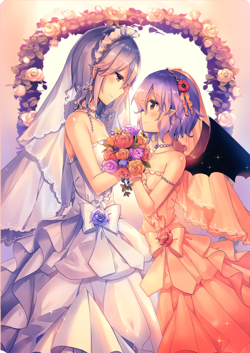 bare_shoulders bat_wings blue_eyes blue_hair bouquet bridal_veil bride commentary_request dress eye_contact flower from_side happy_tears highres holding holding_flower izayoi_sakuya kirero looking_at_another maid_headdress multiple_girls pink_dress pointy_ears red_eyes remilia_scarlet short_hair silver_hair smile strapless strapless_dress tears touhou veil wedding wedding_dress white_dress wife_and_wife wings yuri