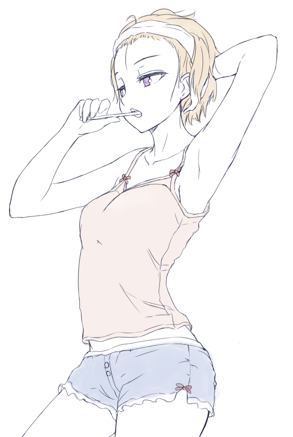 armpits bare_arms bare_shoulders boyshorts brown_hair brushing_teeth camisole commentary_request contrapposto cowboy_shot half-closed_eyes hand_behind_head hi_iro original purple_eyes short_hair simple_background solo standing towel towel_on_head white_background
