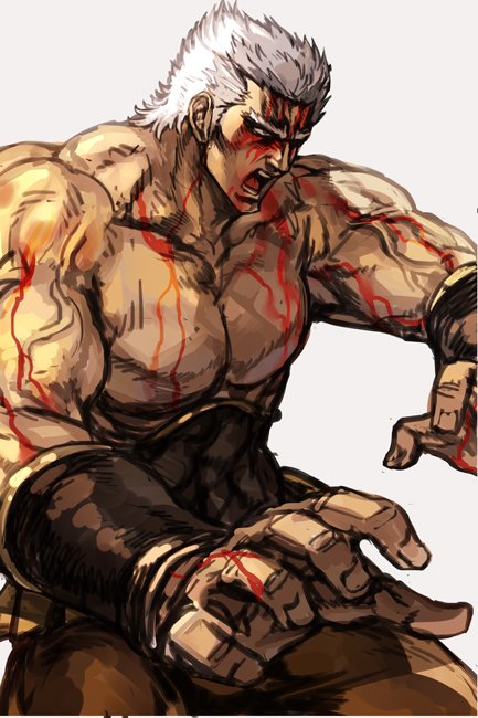 blood blood_on_face bloody_tears bracer brown_pants cowboy_shot fighting_stance fingernails grey_background hankuri hokuto_no_ken injury male_focus muscle one_eye_closed open_mouth pants raou_(hokuto_no_ken) shirtless silver_hair simple_background solo standing veins