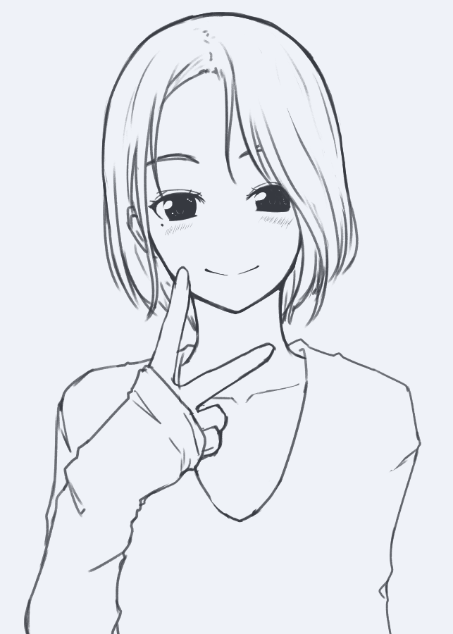 blue_background blush closed_mouth commentary_request greyscale hand_up hi_iro long_sleeves looking_at_viewer mole mole_under_eye monochrome original short_hair simple_background sleeves_past_wrists smile solo sweater upper_body v