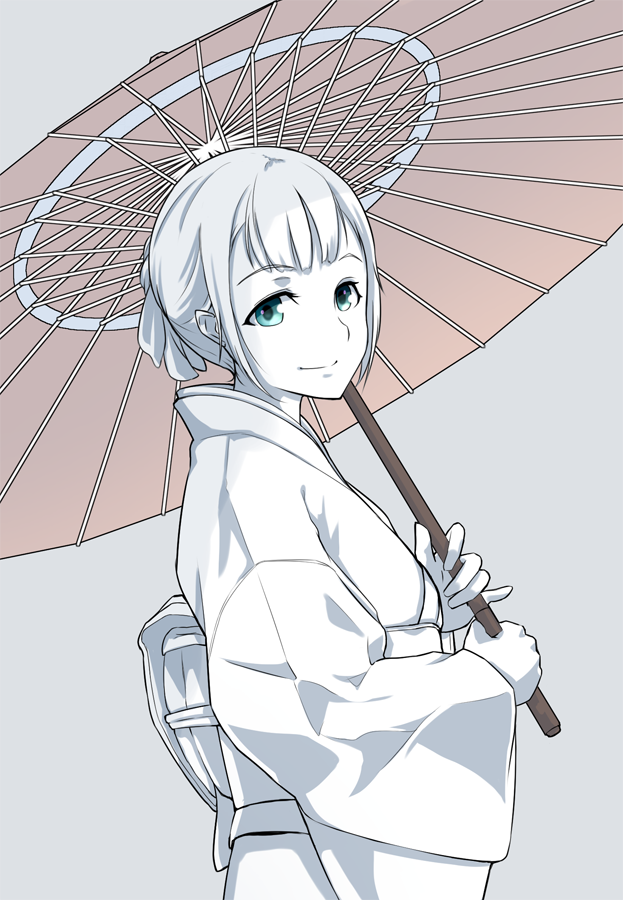 bangs blue_eyes closed_mouth commentary_request eyebrows_visible_through_hair from_side grey_background hi_iro holding holding_umbrella japanese_clothes kimono looking_at_viewer looking_to_the_side obi oriental_umbrella original partially_colored sash short_hair simple_background smile solo standing umbrella upper_body white white_hair white_kimono white_skin