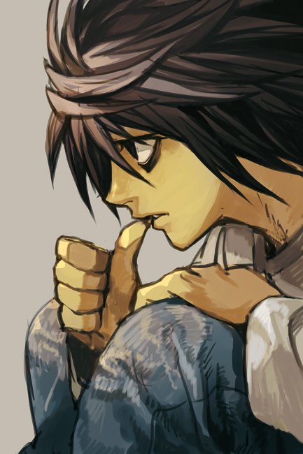 bags_under_eyes biting black_eyes black_hair blue_pants death_note denim grey_background hankuri jeans l_(death_note) long_sleeves male_focus nail_biting pants parted_lips profile shirt simple_background solo white_shirt