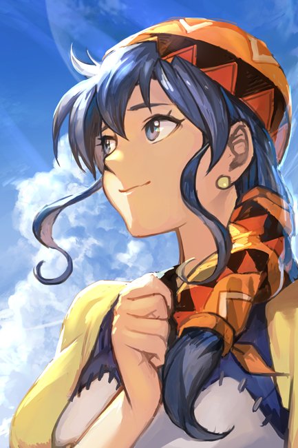 bangs blue_dress blue_eyes blue_hair blue_sky closed_mouth cloud day dress earrings hair_between_eyes hand_on_own_chest hankuri jewelry long_hair looking_to_the_side luna_noah lunar:_the_silver_star outdoors sky smile solo upper_body
