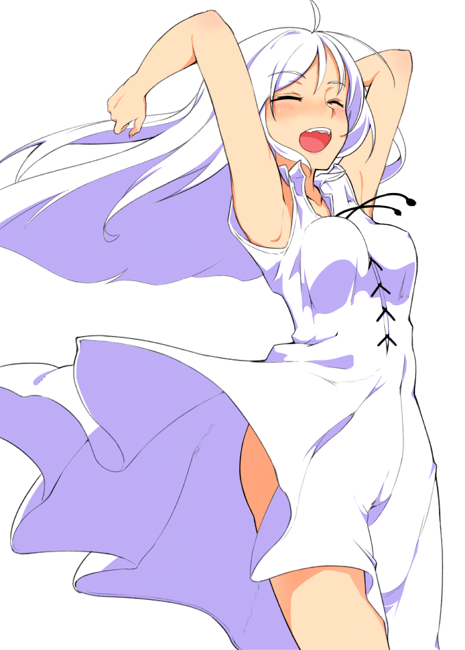 :d armpits arms_up bangs blush bouncing_breasts breasts closed_eyes commentary_request cowboy_shot dress eyebrows_visible_through_hair hi_iro long_hair medium_breasts open_mouth original simple_background smile solo standing white_background white_dress white_hair