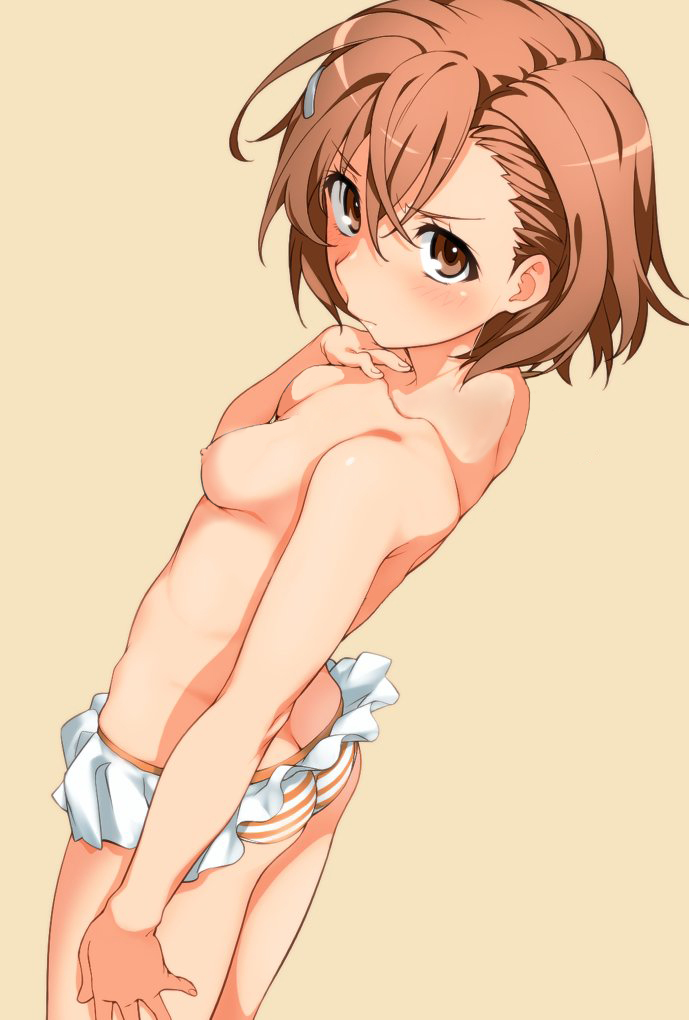 arm_at_side ass bare_arms bare_shoulders bikini_skirt breasts brown_eyes brown_hair butt_crack closed_mouth eyebrows_visible_through_hair from_side hair_ornament hairclip hand_on_own_chest hatakenaka_(kamagabuchi) looking_at_viewer looking_to_the_side misaka_mikoto nipple orange_ribbon photoshop ribbon short_hair shoulder_blades simple_background small_breasts smile striped striped_bikini swimsuit thighs to_aru_kagaku_no_railgun to_aru_majutsu_no_index topless yellow_background