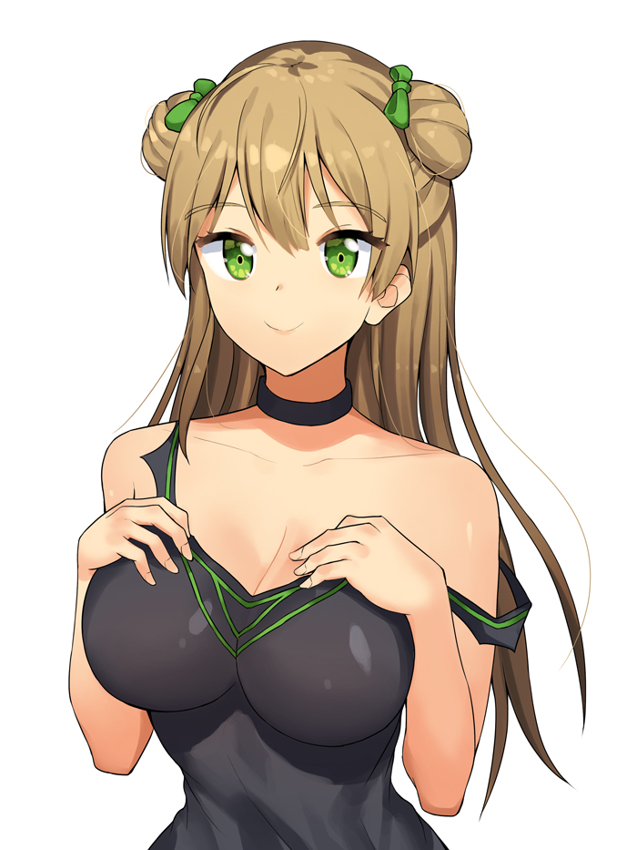 breasts brown_hair choker cleavage commentary double_bun girls_frontline green_eyes hands_on_own_chest hsd large_breasts long_hair looking_at_viewer rfb_(girls_frontline) smile solo tank_top