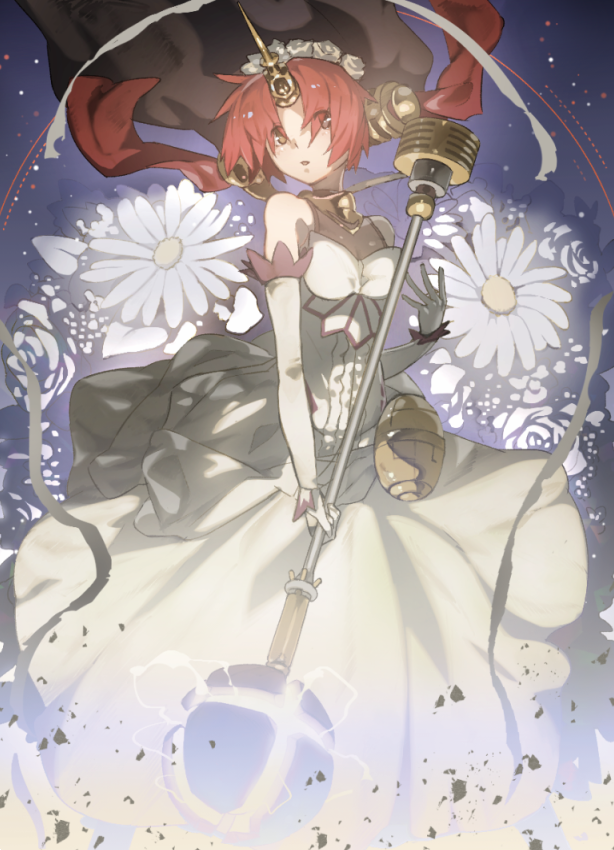bare_shoulders breasts commentary_request dress elbow_gloves eyes_visible_through_hair fate/apocrypha fate_(series) frankenstein's_monster_(fate) gloves hair_over_eyes headgear holding holding_weapon horn medium_breasts rano red_hair short_hair solo weapon