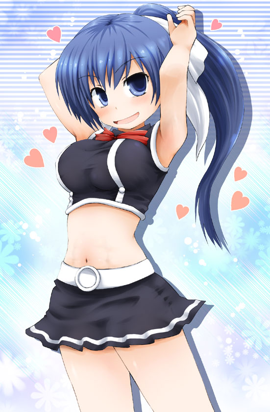 armpits arms_up bangs bare_arms black_shirt black_skirt blue_eyes blue_hair blush bow bowtie breasts commentary_request cowboy_shot crop_top eyebrows_visible_through_hair fujisaka_lyric hair_between_eyes hair_ribbon heart high_ponytail large_breasts long_hair looking_at_viewer midriff navel parted_lips ponytail quiz_magic_academy red_neckwear ribbon shirt skirt sleeveless sleeveless_shirt smile solo striped striped_background very_long_hair white_ribbon yuri_(quiz_magic_academy)