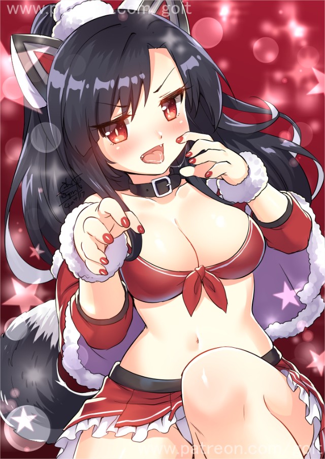 :d animal_ears azur_lane black_hair breasts capelet cleavage collar collarbone commentary fake_animal_ears go-it long_hair looking_at_viewer medium_breasts nail_polish navel open_mouth panties pantyshot ponytail red_eyes red_nails shigure_(azur_lane) smile solo tail underwear watermark web_address white_panties wolf_tail