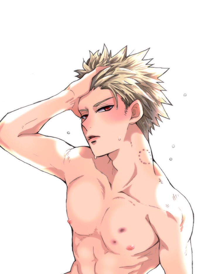 1boy blonde_hair blush boku_no_hero_academia bruises male_focus muscle pecs solo topless