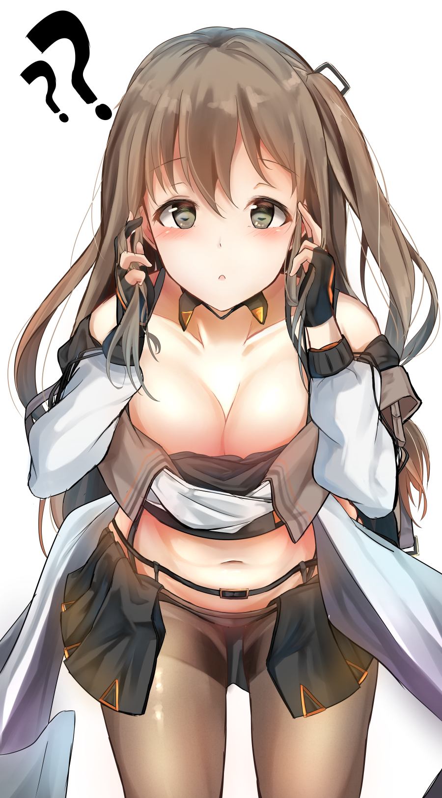 ?? bangs belt black_panties blush breasts brown_eyes brown_hair brown_legwear buckle choker cleavage collarbone commentary_request cowboy_shot eyebrows_visible_through_hair fingerless_gloves girls_frontline gloves hair_ornament hairclip hand_in_hair hands_on_own_face highres k-2_(girls_frontline) leaning_forward long_hair long_sleeves looking_at_viewer medium_breasts miniskirt navel one_side_up open_mouth panties pantyhose septet_(zrca_janne) side_ponytail sidelocks simple_background skirt smile solo standing stomach strap thighband_pantyhose underwear white_background