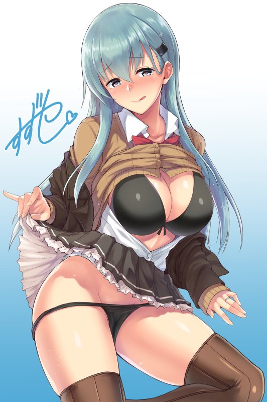 :p aqua_hair bangs bikini bikini_under_clothes black_bikini blush breasts brown_legwear brown_skirt cardigan closed_mouth clothes_lift commentary_request cowboy_shot frilled_skirt frills green_eyes hair_ornament hairclip jewelry kantai_collection large_breasts lifted_by_self long_hair long_sleeves looking_at_viewer naughty_face nose_blush off_shoulder over-kneehighs ring saemon_(tonpura) school_uniform skirt skirt_lift solo suzuya_(kantai_collection) swimsuit thighhighs tongue tongue_out wedding_band