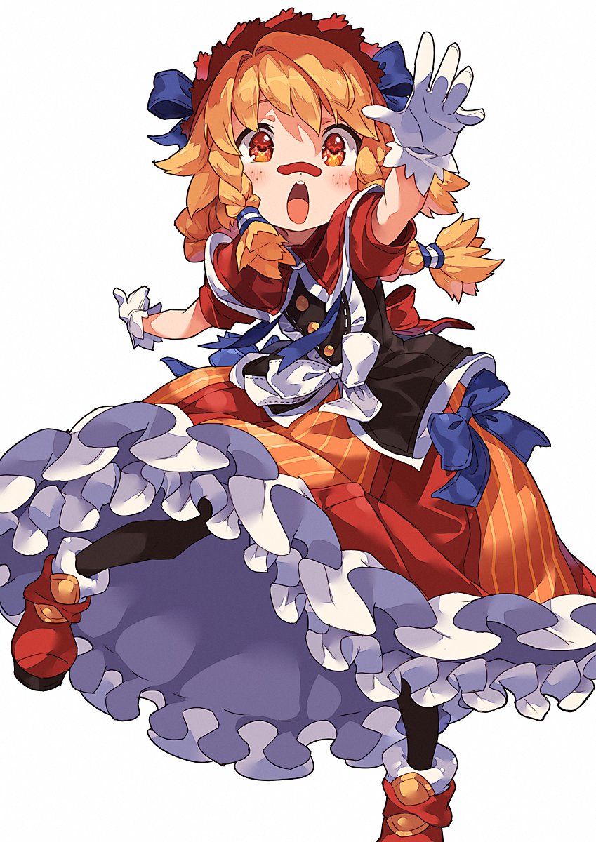 bandaid bandaid_on_nose black_legwear blush boots braid capelet commentary_request eyebrows_visible_through_hair freckles frilled_skirt frills gloves headdress heart heart-shaped_pupils highres long_hair narumi_arata open_mouth orange_eyes orange_hair orange_skirt original pantyhose reaching_out red_footwear short_sleeves simple_background skirt solo standing standing_on_one_leg symbol-shaped_pupils vest white_background white_gloves