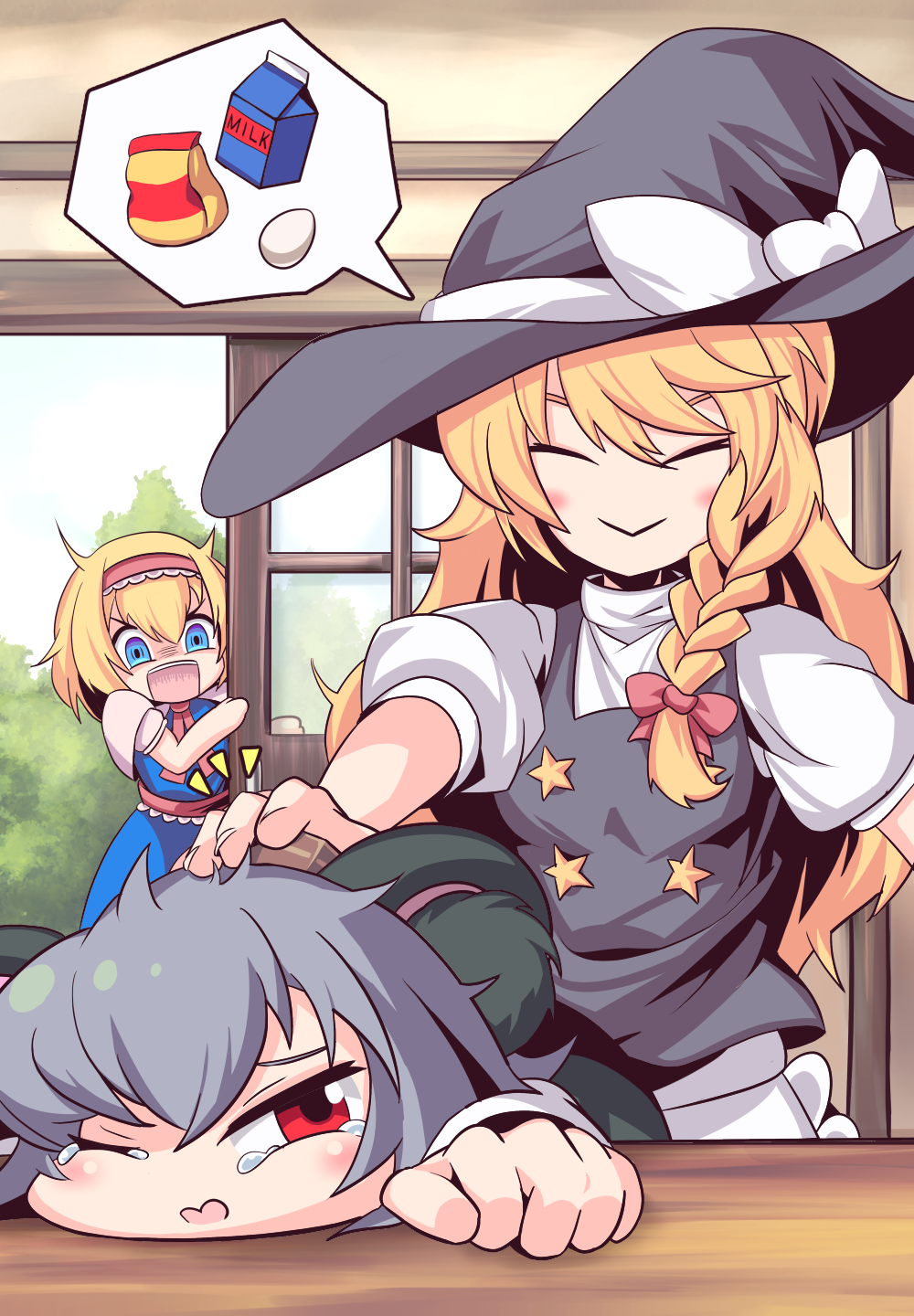 :&gt; alice_margatroid animal_ears black_hat blonde_hair blue_eyes bow braid closed_eyes cookie_(touhou) egg eyebrows facing_another flour grey_hair hair_bow hat highres ichigo_(cookie) kirisame_marisa long_hair looking_at_another milk_carton mouse_ears multiple_girls nazrin nyon_(cookie) one_eye_closed open_mouth parted_lips pika_(seiga797047) puffy_short_sleeves puffy_sleeves red_bow red_eyes short_hair short_sleeves speech_bubble suzu_(cookie) touhou witch_hat