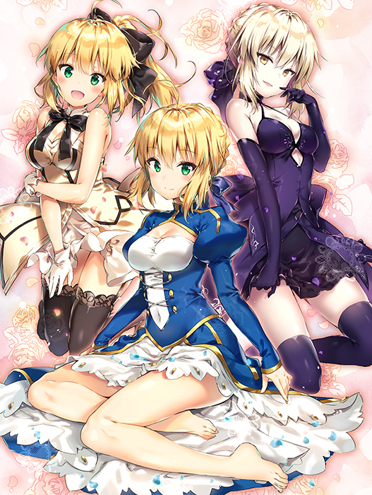 :d ahoge artoria_pendragon_(all) black_dress blonde_hair bow breasts cleavage commentary_request dress elbow_gloves fate/grand_order fate/stay_night fate_(series) gloves green_eyes hair_bow hair_ribbon kneeling medium_breasts multiple_girls open_mouth ponytail ribbon riichu saber saber_alter saber_lily silver_hair sitting smile thighhighs wariza yellow_eyes zettai_ryouiki