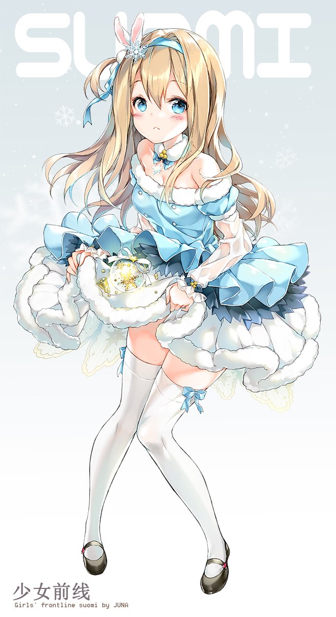 :&lt; artist_name bangs bare_shoulders black_footwear blonde_hair blue_dress blue_eyes blue_ribbon blush breasts character_name closed_mouth commentary_request copyright_name detached_collar dress eyebrows_visible_through_hair full_body fur_trim girls_frontline gradient gradient_background hair_between_eyes hair_intakes hair_ornament hairband highres holding juna long_hair long_sleeves looking_at_viewer mary_janes medium_breasts off-shoulder_dress off_shoulder one_side_up ribbon shoes sidelocks simple_background skirt skirt_basket snowflake_hair_ornament snowflakes solo standing suomi_kp31_(girls_frontline) thighhighs thighs white_legwear zettai_ryouiki