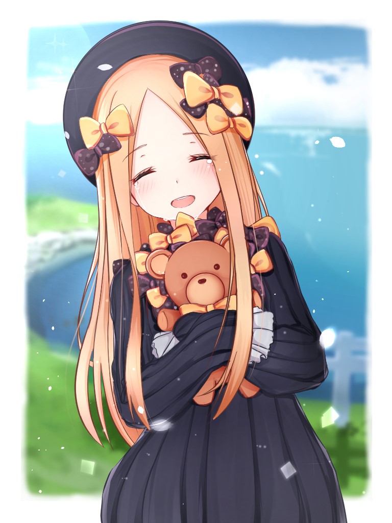 :d abigail_williams_(fate/grand_order) bangs black_bow black_dress black_hat blonde_hair blue_sky blush bow bug butterfly closed_eyes cloud cloudy_sky commentary_request crying day dress eyebrows_visible_through_hair facing_viewer fate/grand_order fate_(series) hair_bow hat horizon insect karu_(qqqtyann) long_hair long_sleeves object_hug ocean open_mouth orange_bow parted_bangs polka_dot polka_dot_bow sky sleeves_past_fingers sleeves_past_wrists smile solo stuffed_animal stuffed_toy tears teddy_bear very_long_hair