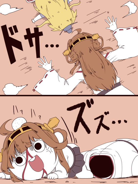 2girls anger_vein black_eyes blonde_hair blood blood_on_face brown_hair chibi comic commentary_request crawling detached_sleeves double_bun headgear iowa_(kantai_collection) ishii_hisao kantai_collection kongou_(kantai_collection) long_hair lying multiple_girls nontraditional_miko on_stomach pleated_skirt skirt solid_oval_eyes translation_request unconscious