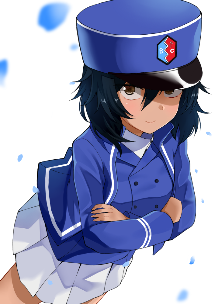 andou_(girls_und_panzer) bc_freedom_(emblem) bc_freedom_military_uniform black_hair blue_hat blue_jacket blue_vest brown_eyes closed_mouth commentary_request crossed_arms dark_skin emblem from_above girls_und_panzer girls_und_panzer_saishuushou gomashi_(goma) hat high_collar jacket long_hair long_sleeves looking_at_viewer military military_uniform miniskirt pleated_skirt shako_cap shirt simple_background skirt smile solo standing uniform vest white_background white_shirt white_skirt