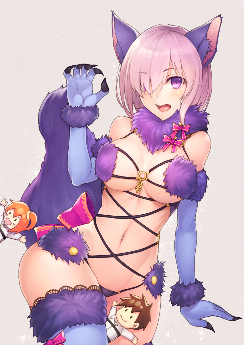 2girls animal_ears banned_artist between_thighs black_nails blush breasts chibi chibi_inset commentary_request dangerous_beast elbow_gloves eyes_visible_through_hair fang fate/grand_order fate_(series) fingernails fujimaru_ritsuka_(female) fujimaru_ritsuka_(male) fur-trimmed_gloves fur-trimmed_legwear fur_collar fur_trim gloves hair_over_one_eye halloween halloween_costume kyoeiki lace lace-trimmed_thighhighs large_breasts long_fingernails mash_kyrielight multiple_girls nail_polish navel o-ring o-ring_top open_mouth purple_gloves purple_legwear revealing_clothes tail thighhighs underboob uniform wolf_ears wolf_tail