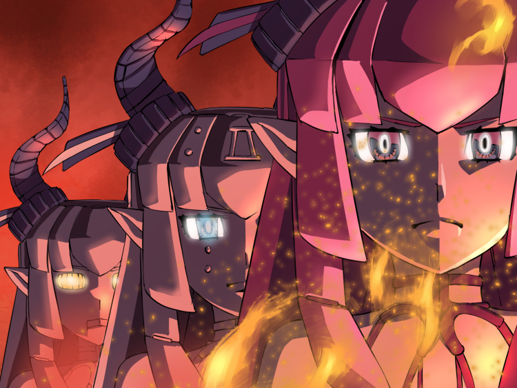 &gt;:( bangs blue_eyes closed_mouth elizabeth_bathory_(fate)_(all) expressionless face fate/grand_order fate_(series) fire frown glowing glowing_eyes horn_ornament horns ishii_hisao looking_at_viewer mecha_eli-chan multiple_girls parody pink_eyes pink_hair pointy_ears red_background robot sparks the_big_o v-shaped_eyebrows yellow_eyes