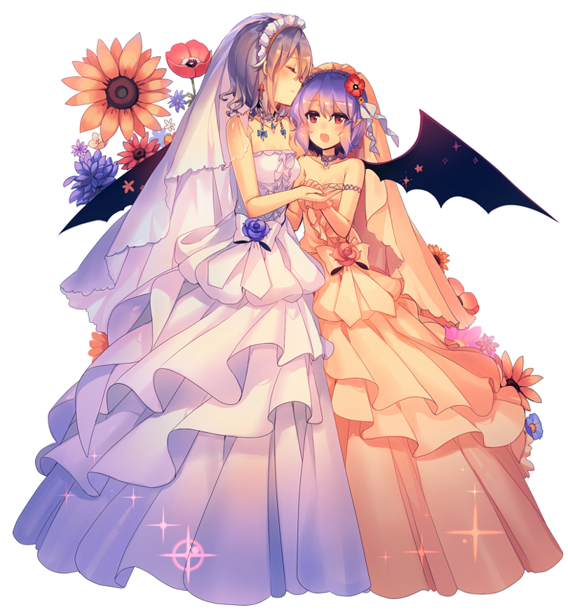 bare_arms bare_shoulders bat_wings blue_bow blue_hair blush bow braid breasts bridal_veil bride choker closed_eyes collarbone commentary_request dress flower hair_bow hair_flower hair_ornament holding_hand izayoi_sakuya kirero layered_dress maid_headdress multiple_girls open_mouth pink_dress pointy_ears red_eyes remilia_scarlet short_hair silver_hair small_breasts strapless strapless_dress touhou twin_braids veil wedding_dress white_dress wife_and_wife wings yuri