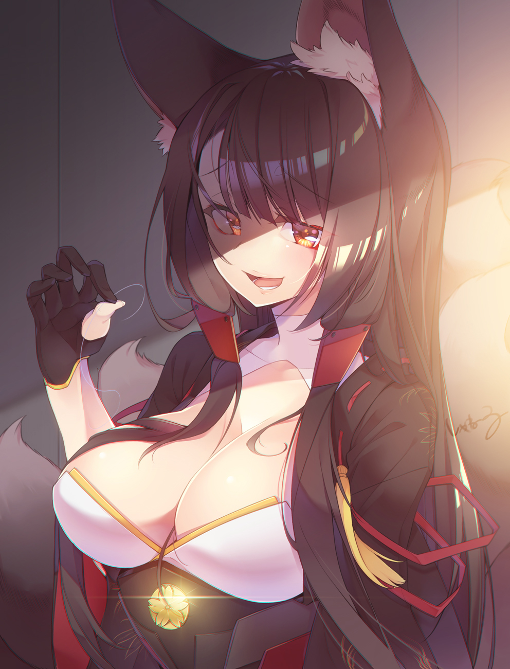 akagi_(azur_lane) animal_ears azur_lane bangs black_hair breasts brown_eyes day eyebrows_visible_through_hair fox_ears hakama hand_up highres holding holding_hair japanese_clothes large_breasts long_hair looking_at_viewer nontraditional_miko open_mouth revision shade shaneru smile solo teeth