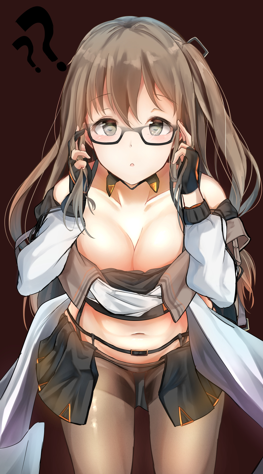 ?? bangs belt black_panties blush breasts brown_background brown_eyes brown_hair brown_legwear buckle choker cleavage collarbone commentary_request cowboy_shot eyebrows_visible_through_hair fingerless_gloves girls_frontline glasses gloves hair_ornament hairclip hand_in_hair hand_on_eyewear hands_on_own_face highres k-2_(girls_frontline) leaning_forward long_hair long_sleeves looking_at_viewer medium_breasts miniskirt navel one_side_up open_mouth panties pantyhose septet_(zrca_janne) side_ponytail sidelocks simple_background skirt smile solo standing stomach strap thighband_pantyhose underwear