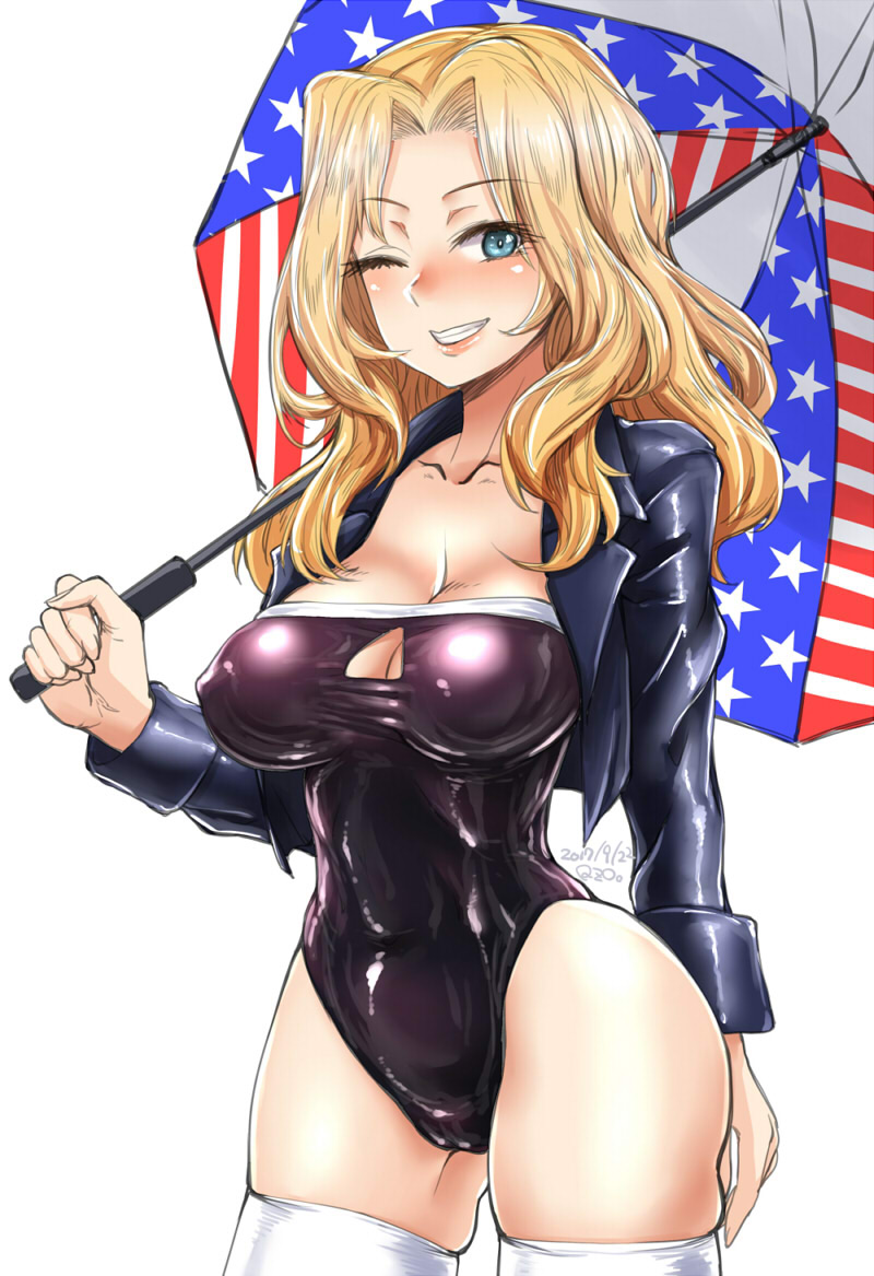 american_flag american_flag_print artist_name black_jacket black_leotard blazer blonde_hair blue_eyes breasts cleavage commentary_request cowboy_shot dated eyebrows_visible_through_hair flag_print girls_und_panzer grin holding holding_umbrella jacket kay_(girls_und_panzer) large_breasts latex leotard long_hair long_sleeves looking_at_viewer one_eye_closed qzo_(akai_kitsune) race_queen shiny shiny_clothes signature simple_background skindentation smile solo strapless strapless_leotard thighhighs umbrella white_background white_legwear