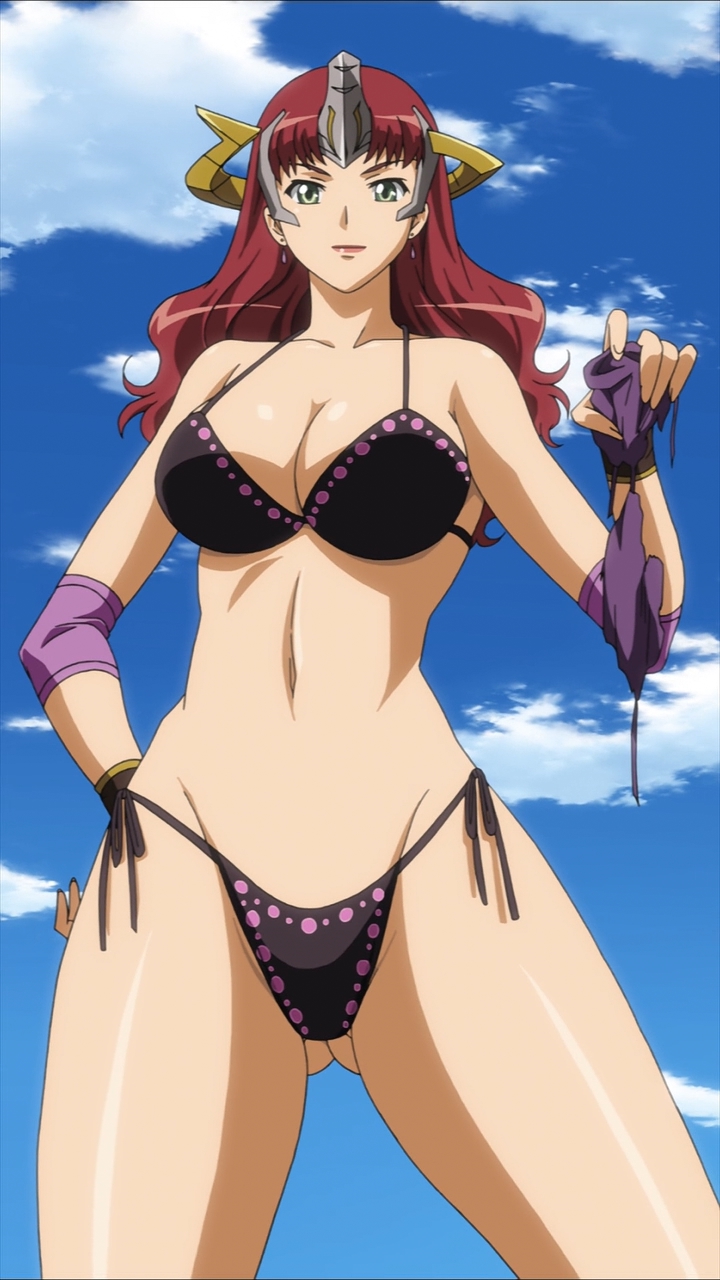 1girl bikini black_bikini breasts claudette_(queen's_blade) green_eyes large_breasts navel queen's_blade red_hair sky smile solo