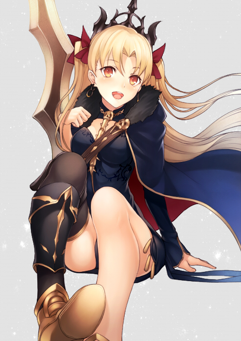arm_support asymmetrical_legwear asymmetrical_sleeves bangs banned_artist between_breasts black_legwear blonde_hair blush breasts cape commentary_request earrings ereshkigal_(fate/grand_order) fate/grand_order fate_(series) fur-trimmed_cape fur_trim hair_ribbon invisible_chair jewelry kyoeiki long_hair open_mouth red_eyes red_ribbon ribbon single_thighhigh sitting skull solo spine thighhighs tiara twintails weapon