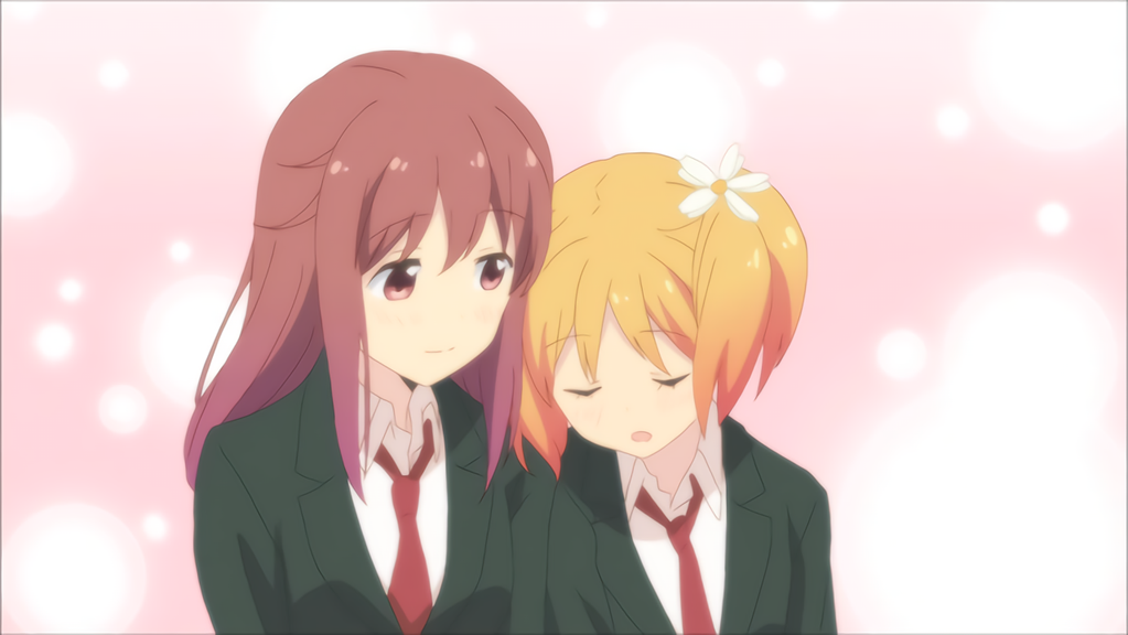 2girls blonde_hair canon couple flower hair_ornament hairclip happy leaning looking_at_another multiple_girls necktie official open_mouth pigtails pink_background pink_eyes pink_hair sakura_trick school_uniform screencap sleeping smile sonoda_yuu takayama_haruka uniform yuri