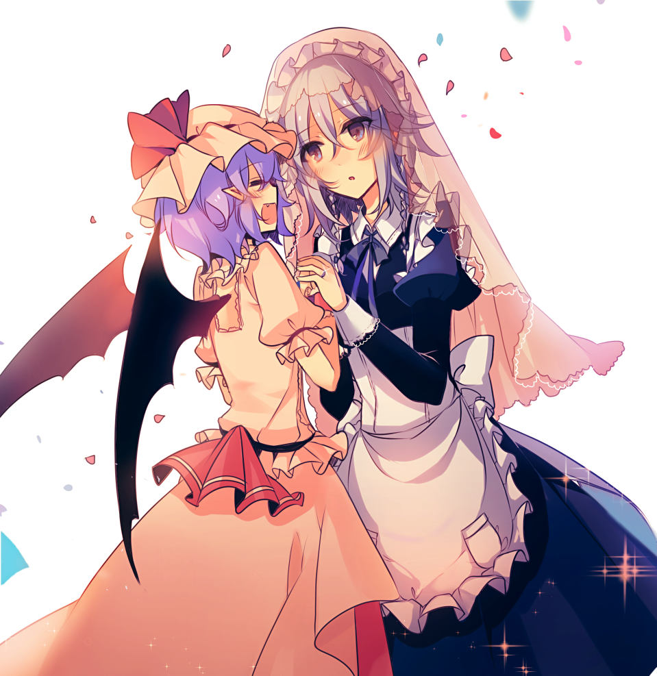 apron bat_wings blue_eyes blue_hair blue_neckwear blue_ribbon blush bridal_veil closed_eyes commentary_request dress frilled_apron frills hat hat_ribbon holding_hands izayoi_sakuya juliet_sleeves kirero long_sleeves looking_at_another maid_apron maid_headdress mob_cap multiple_girls neck_ribbon open_mouth parted_lips petals pink_dress puffy_short_sleeves puffy_sleeves red_ribbon remilia_scarlet ribbon short_hair short_sleeves sidelocks silver_hair smile sparkle touhou veil wings wrist_cuffs yuri